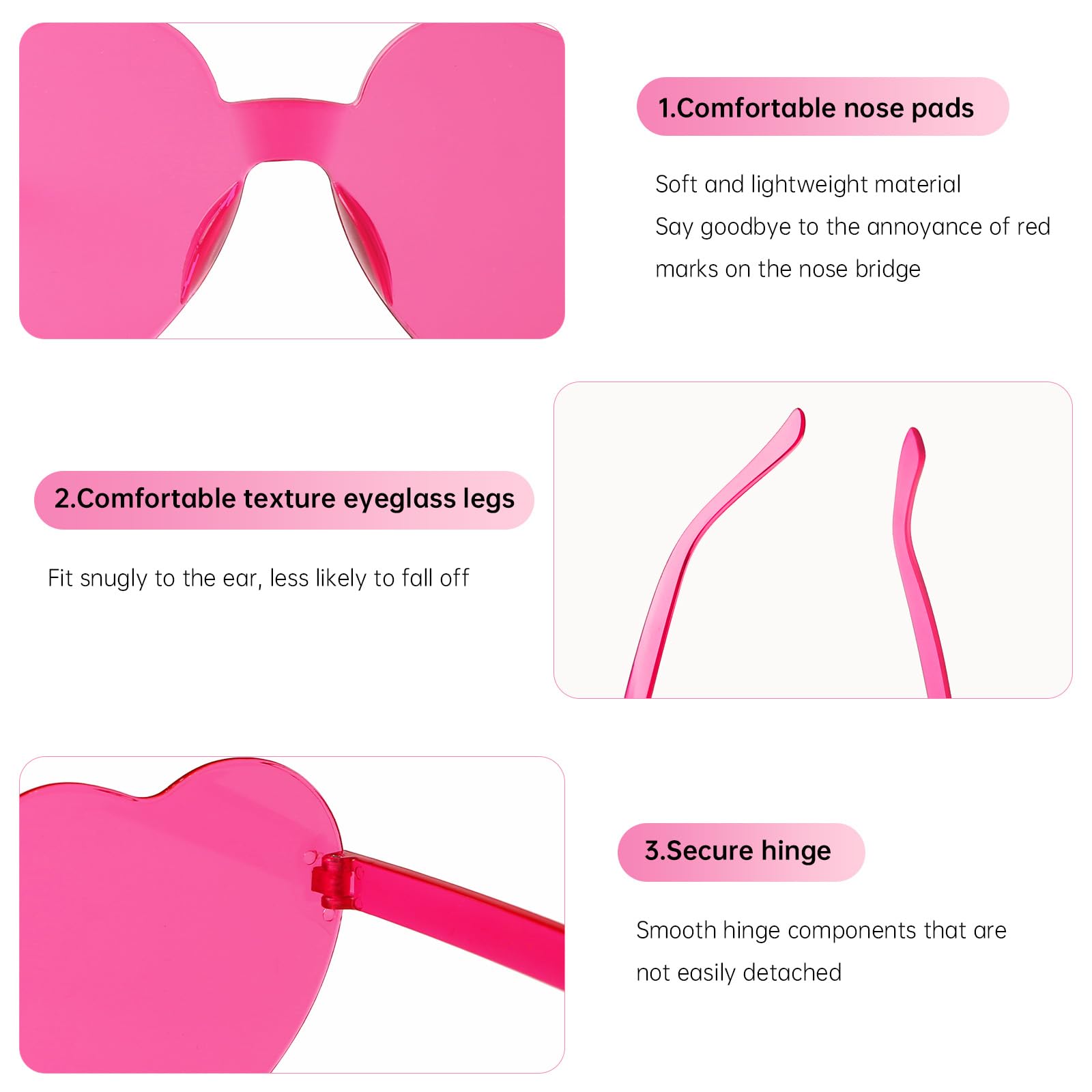 Yomaido Pink Heart Shape Sunglasses| Glasses for Party 3 Packs, Funky Festival Glasses Eyeglasses Rimless Multipacks for Adult Unisex, Kids - Image 4