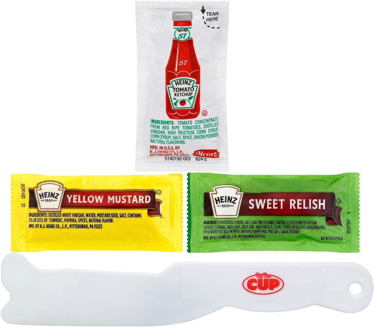 KraftHeinz Condiment Packet Variety Pack, 100 Each Ketchup, Mustard, and Sweet Relish with By The Cup Spreader