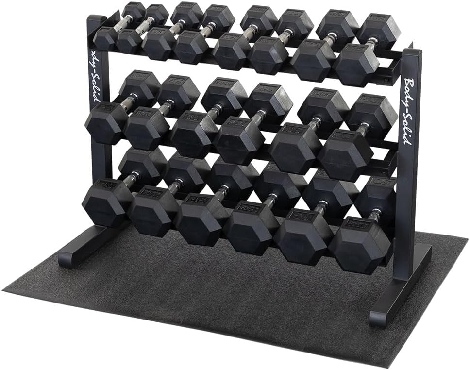 Body-Solid Dumbbell Rack with 20 Rubber 5-50 lb Dumbbells and Floor Mat Commercial and Home Gym Weight Rack