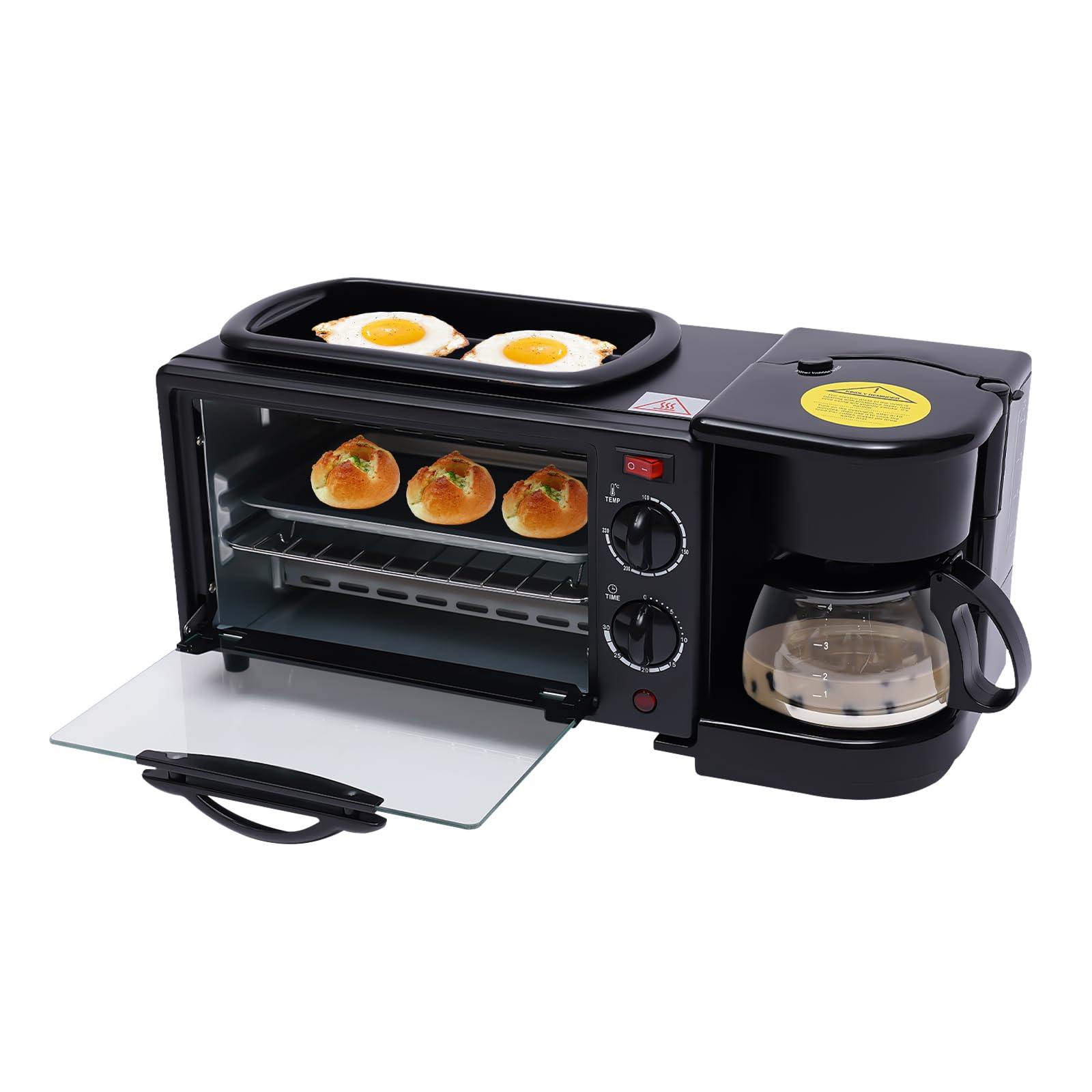 Macchina per la colazione multifunzione 3 in 1, 600 ml, filtro a tramoggia, tostapane, forno 9 l, griglia antiaderente, lavoro separato, timer 0-30 minuti