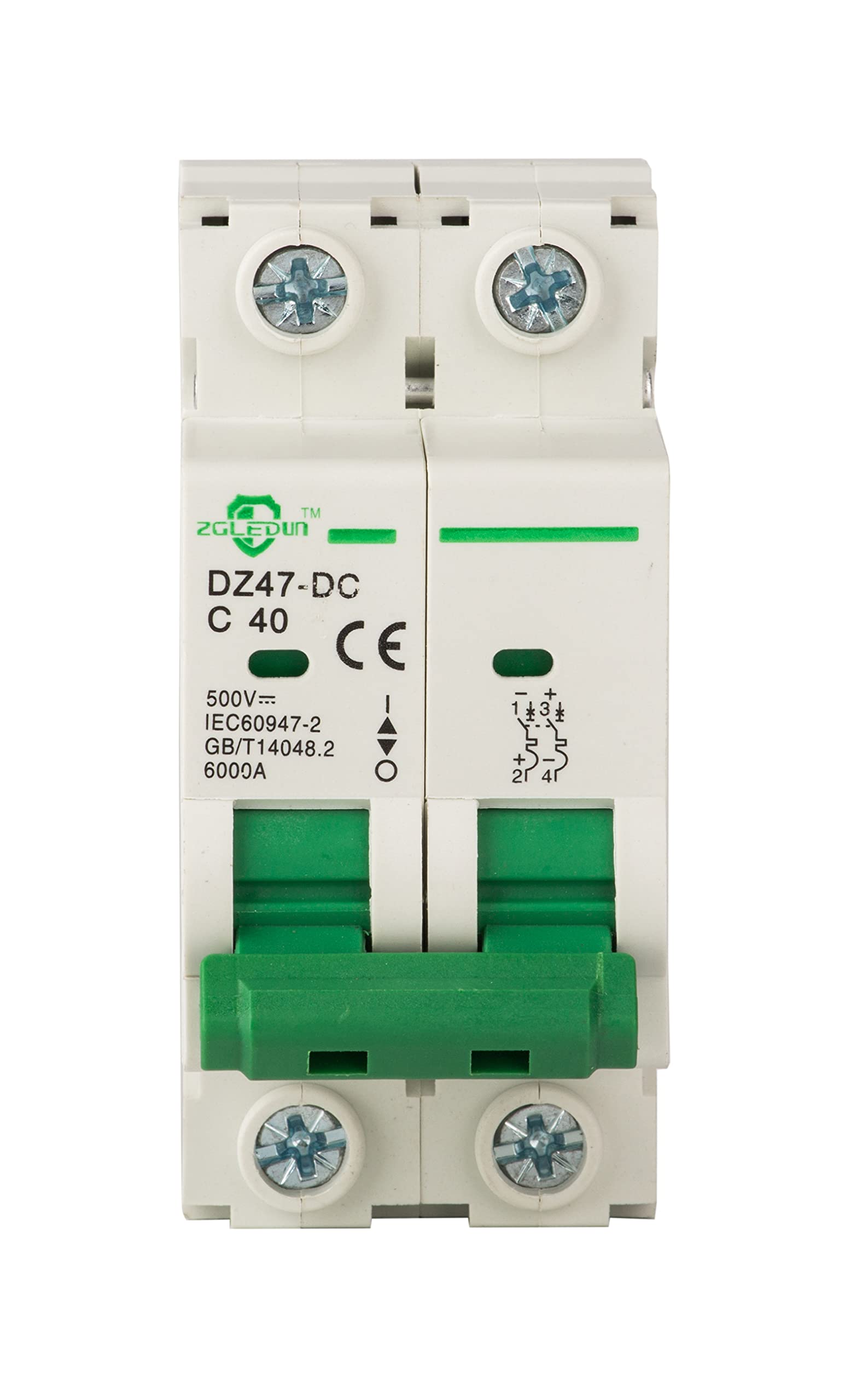 DC Miniature Circuit Breaker, 2 pole 40 Amp, 24VDC-500VDC, 6kA Din Rail Mount Breaker with Thermal Magnetic Trip, DZ47-63 2P, DC Solar MCB 40A