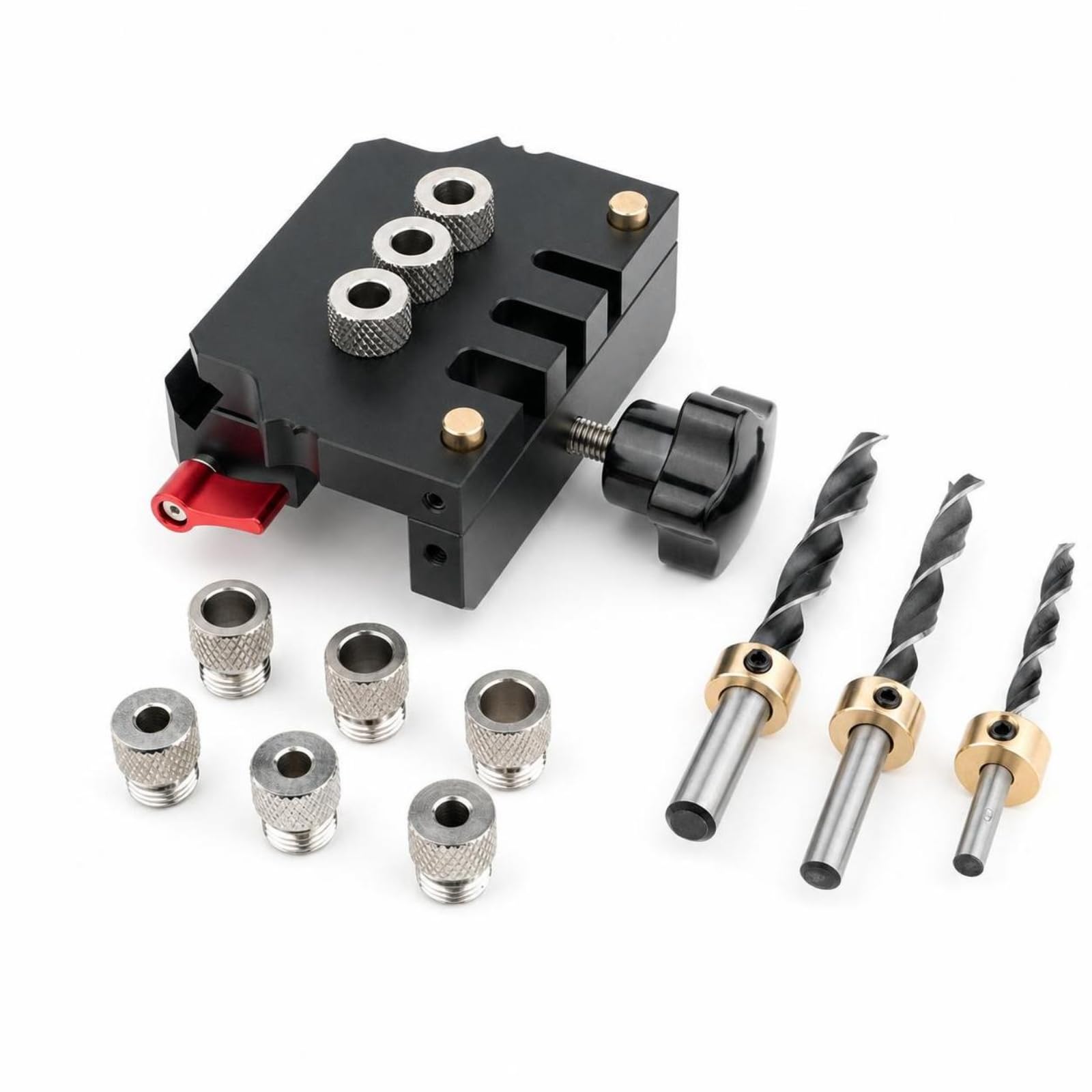 Gabarit de Chevillage Autocentrant Guide de Perçage Outil de Menuiserie Centreur de Trous avec Douilles 6 Mm 8 Mm 10 Mm Corps Métal Antidérapant