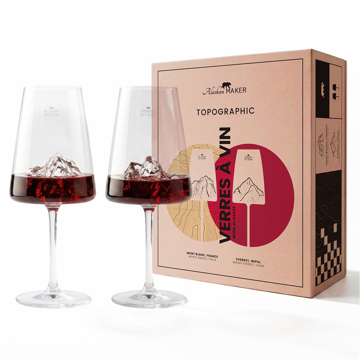 Alaskan MAKER Weingläser Set mit 2 Gläsern 400 ml – hochwertiges Borosilikatglas mundgeblasen mit 3D-Relief-Berg am Boden | Hartschalenkoffer Premium Magnetkarton | TOPOGRAPHIC