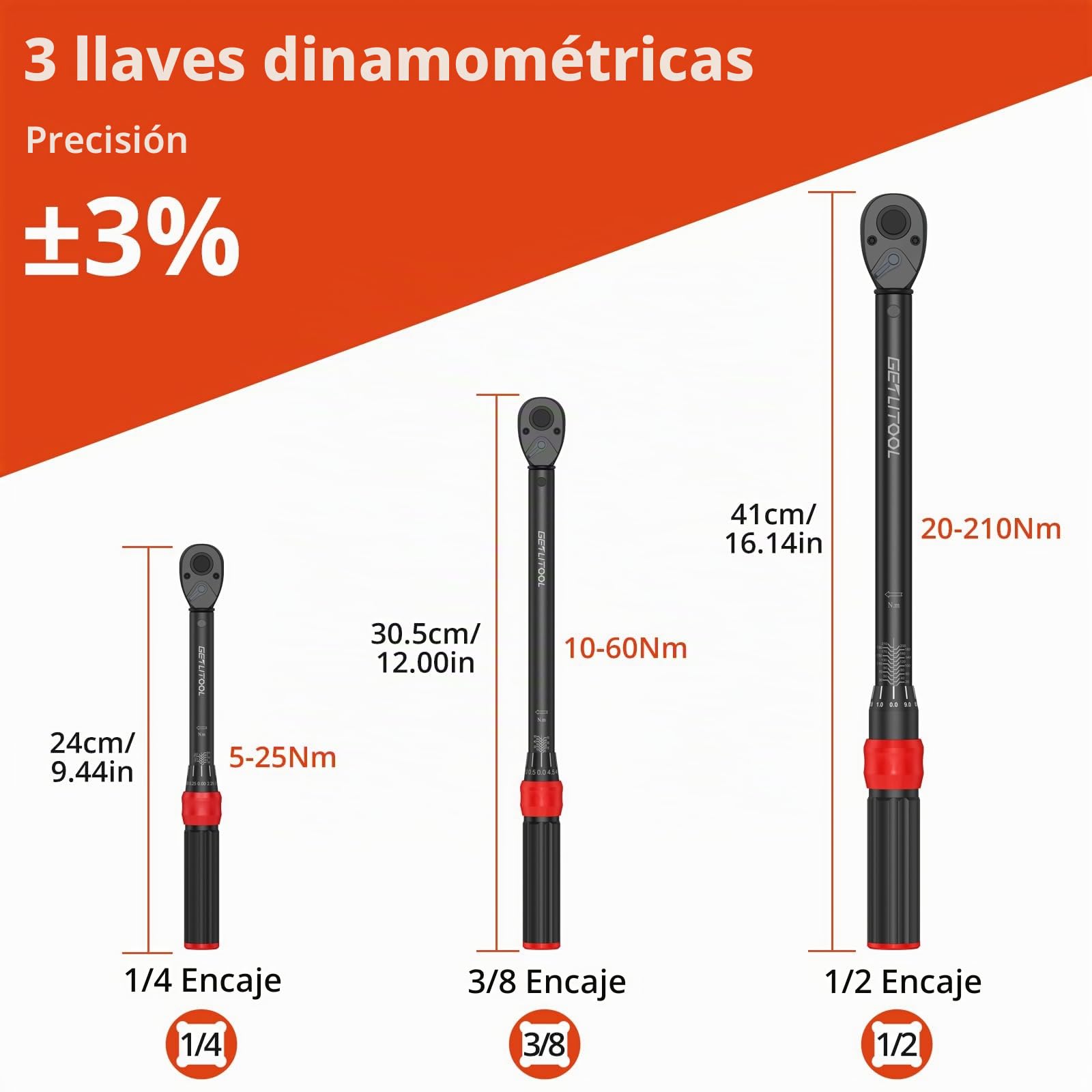 GETLITOOL Juego de Llaves Dinamométricas 1/4" 3/8" 1/2", de Acero al Cromo-molibdeno con Trinquete Reversible de 72 Dientes, 5-25 Nm, 10-60 Nm y 20-210 Nm