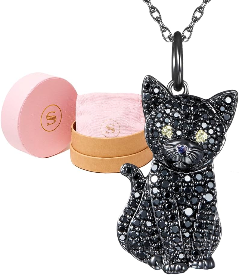 SCAMPER & CO Cat Necklace for Women, Genuine Cubic Zirconia Kitten Pendant Charm, Jewelry Gift for Cat Lovers, Premium Sterling Silver Chain with Secure Claw Clasp, 18 inch with 2 inch extender