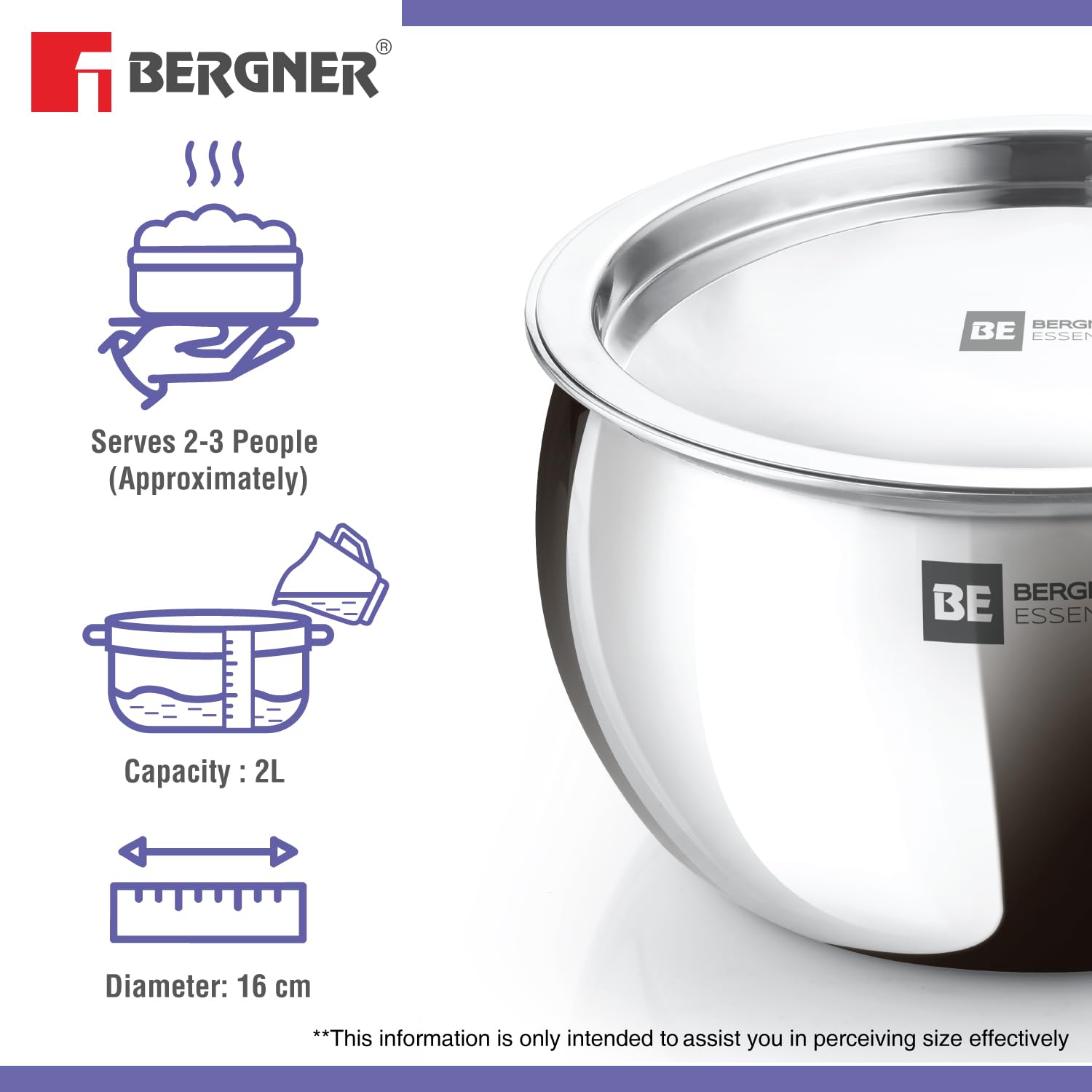 Bergner BE Essentials TriPly Stainless Steel 16 cm Rice Handi with Lid, Steel Small Rice Handi, Even Heat Distribution, Easy to Clean, Non-Toxic, Healthy, Less Oil Use - Induction and Gas Stove Ready 3