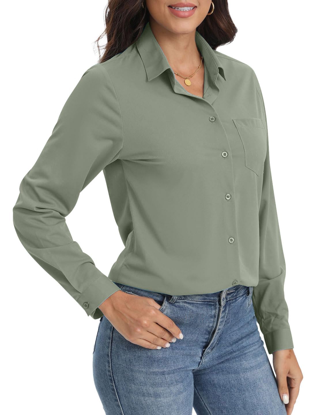 Chemise extensible à boutons doux et infroissables pour femme, haut respirant et évacuant l'humidité