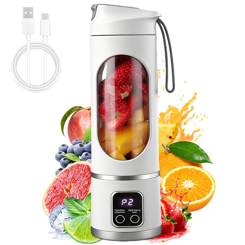 Portable Blender, 450ml USB Rechargeable Mini Bullet Blender, Low Noise Personal Juicer Bottle, Portable Blender Smoothie Maker for Fruits, Shakes, Perfect for Home, Office, School, Outdoors, White