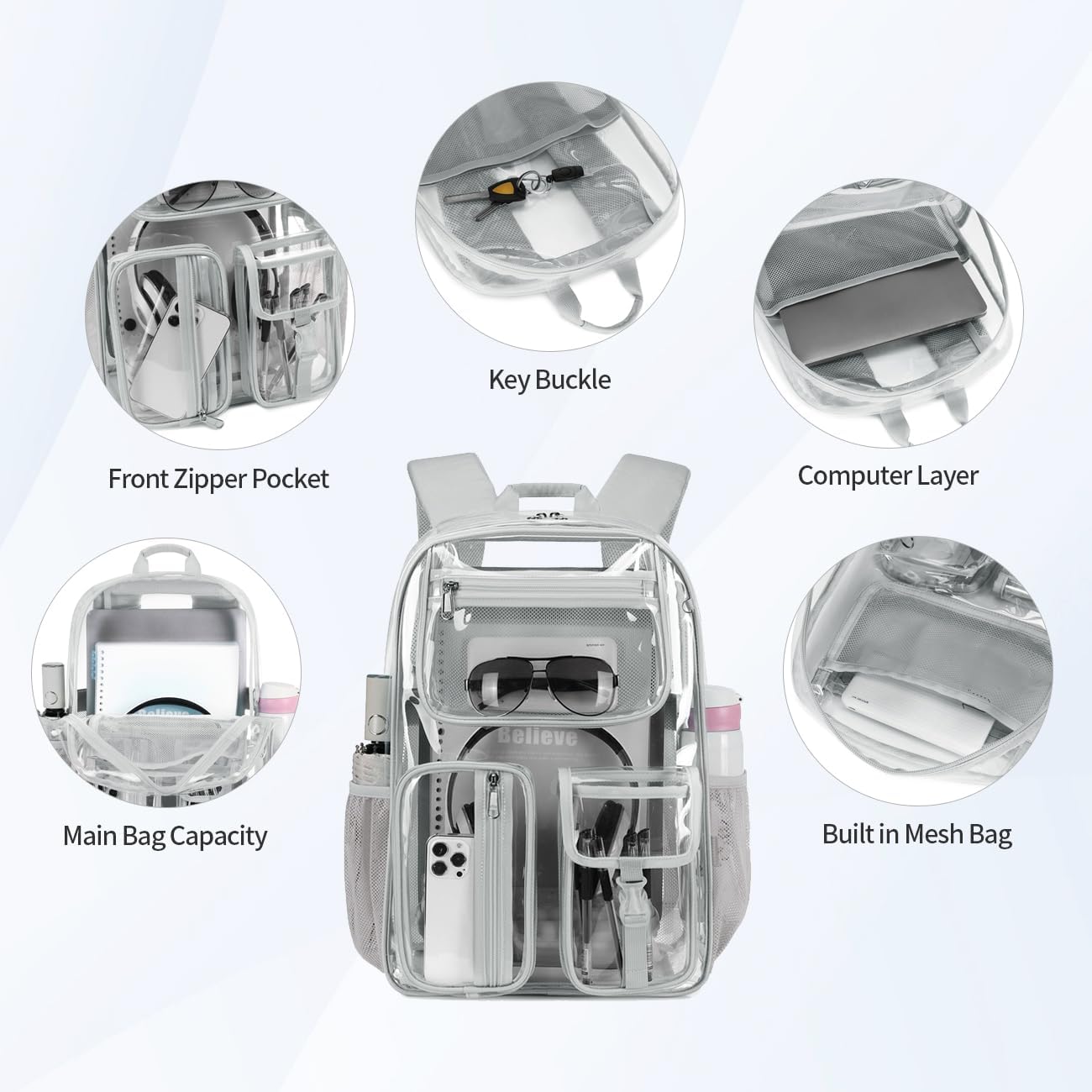 Cusangel Clear XL Backpack for Men Women TPU X-Large Heavy Duty See Through Transparent bookbag for Sport Event,Stadium Events (17.5in-Grey) - Image 8