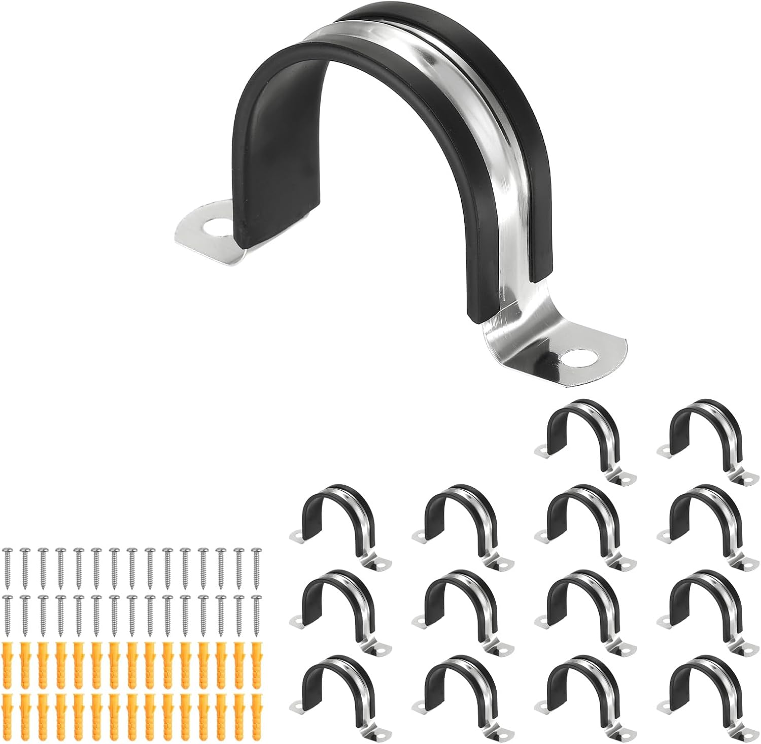 uxcell 15 Pcs Pipe Strap Clamp, 48mm(1.89") Rubber Cable Clamp Rubber Cushioned 304 Stainless Steel U Bracket Tube Holder Support with Screws for Water Pipe HVAC Cable Management