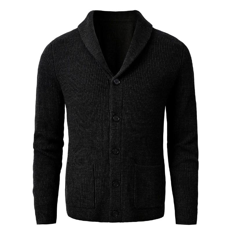 WOLONG Men's Shawl Collar Cardigan Sweater Slim Fit Cable Knit Button Up Black Merino Wool Sweater3
