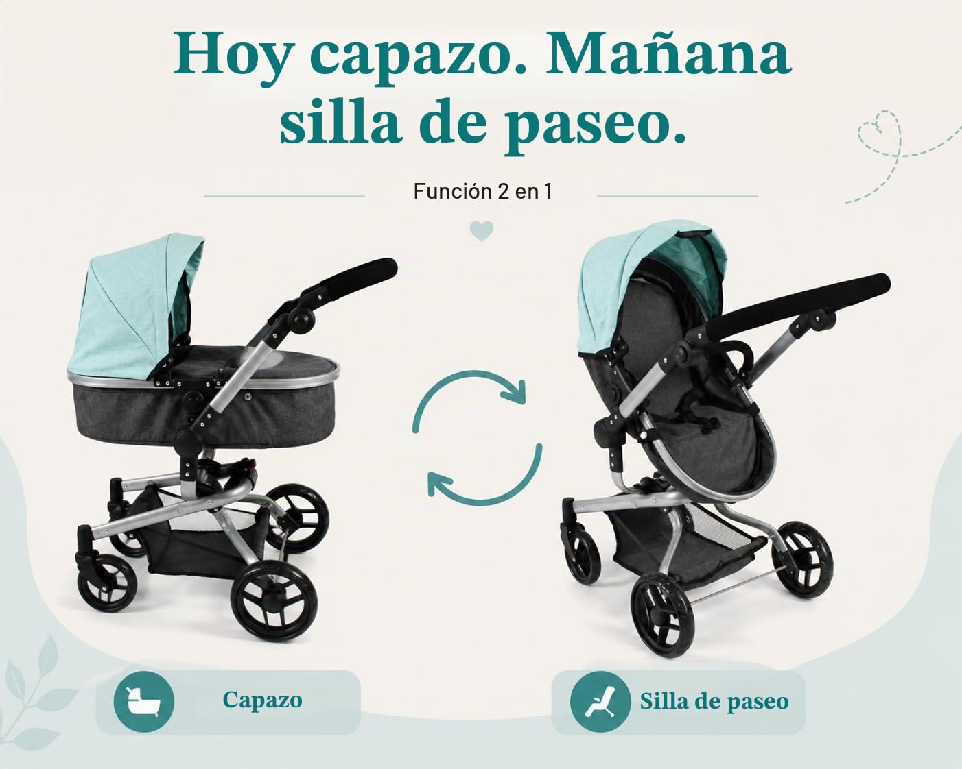 Cochecito para muñecas Yolo 2 en 1 para niños de 4 a 8 años