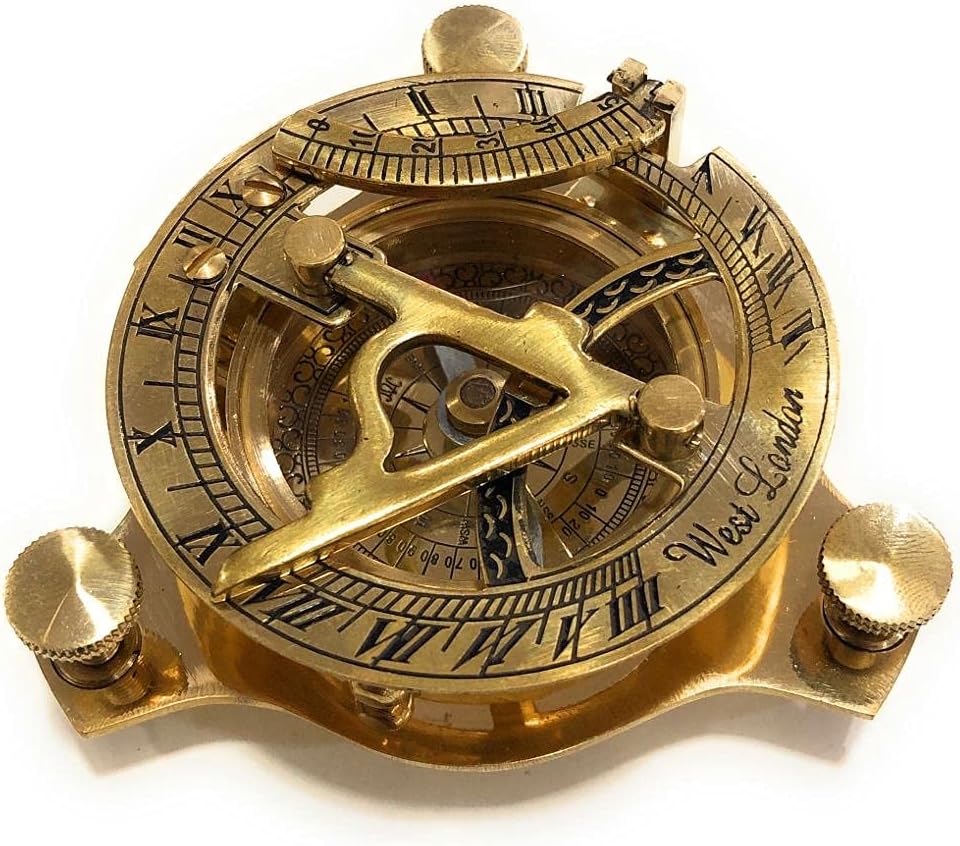 Antique Brass Sundial Compass with Wooden Case, Steampunk Nautical Navy Souvenir Compass, Graduation, Baptism, Birthday, Anniversary, Motivational Gift for Camping, Travelling, Boating Equipment