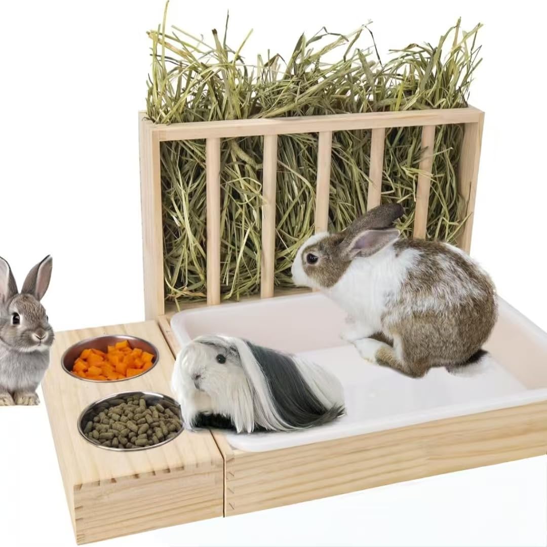 Caja de Arena para Conejos 3 en 1 de Madera con comedero de heno y Dos Cuencos de Acero Inoxidable, estación de alimentación Desmontable para cobayas, Conejos Enanos, hámsters, Chinchillas, Accesorio