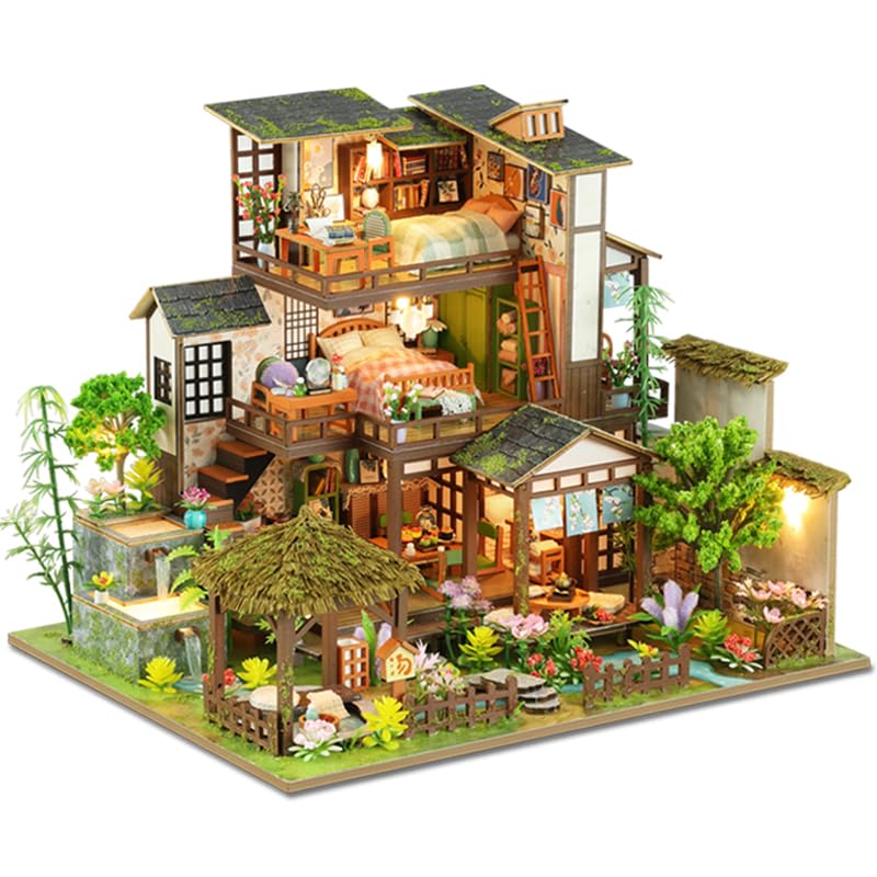 DIY Miniature Dollhouse Kit, Mini House Making Kit with Light, Tiny House Kit to Build for Adults, Hobby Craft Gift for Father's Day, Bamboo Brook
