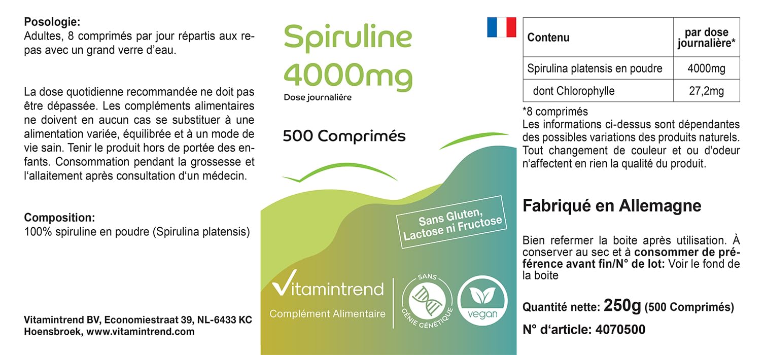 Vitamintrend Spirulina 4000 mg per dose giornaliera, 500 compresse, 100% Spirulina platensis, integratore alimentare vegano senza magnesio stearato, prodotto in Germania