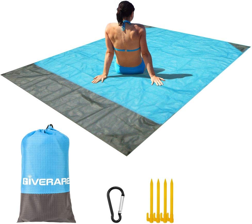 GIVERARE Sandfree Beach Blanket, Waterproof Picnic Blanket, Quick Drying Indoor&Outdoor Family Mat with 4 Stakes&4 Corner Pockets for Travel, Camping, Hiking, Music Festival