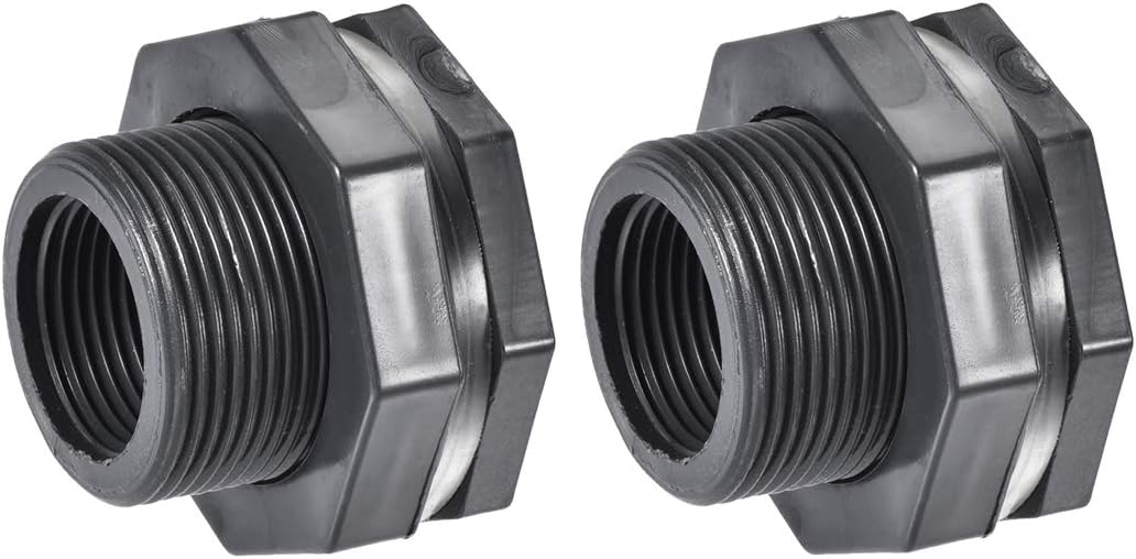 sourcing map Bulkhead Fitting, G1 Female Lengthen, Tube Adaptor Pipe Fitting with Silicone Gasket, for Water Tanks PVC, Gray, Pack of 2