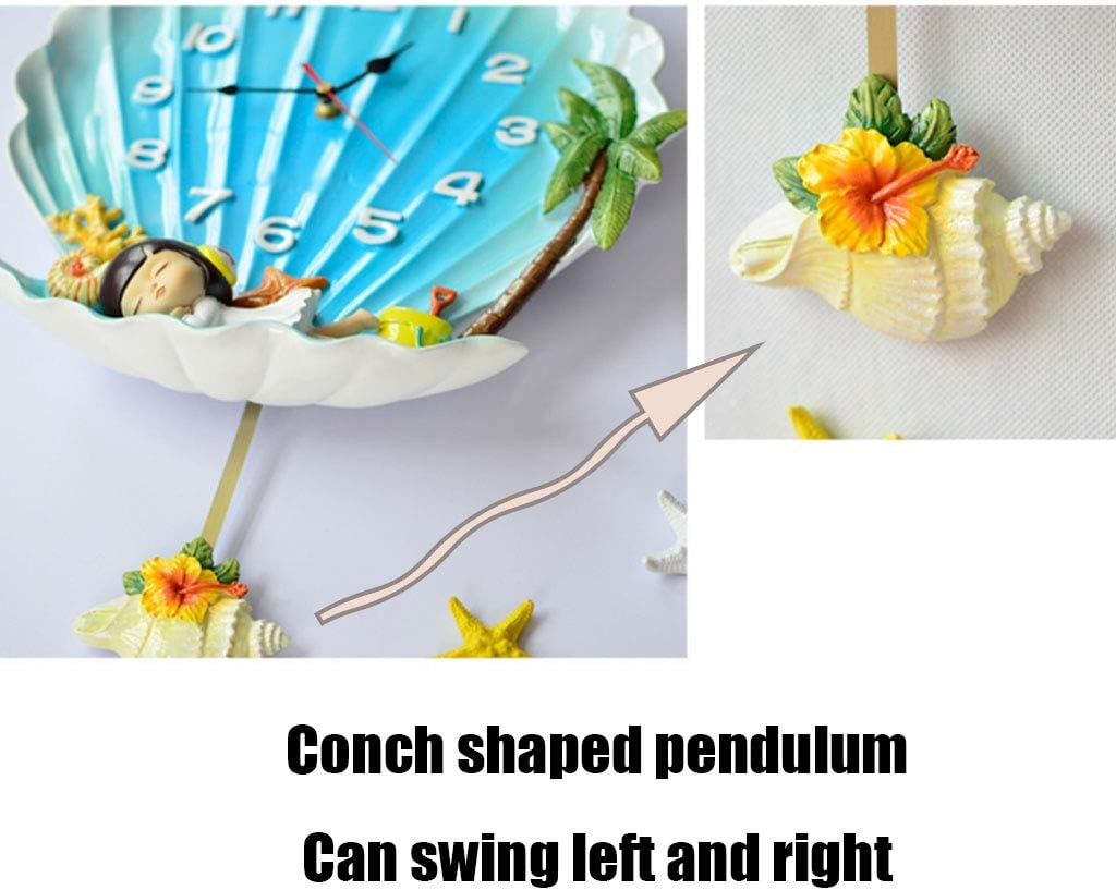 Wall Clock,Resin Wall Clock/Shell Girl Pendulum Clock/Mute No Ticking, Suitable for Children's Room, Living Room, Bedroom
