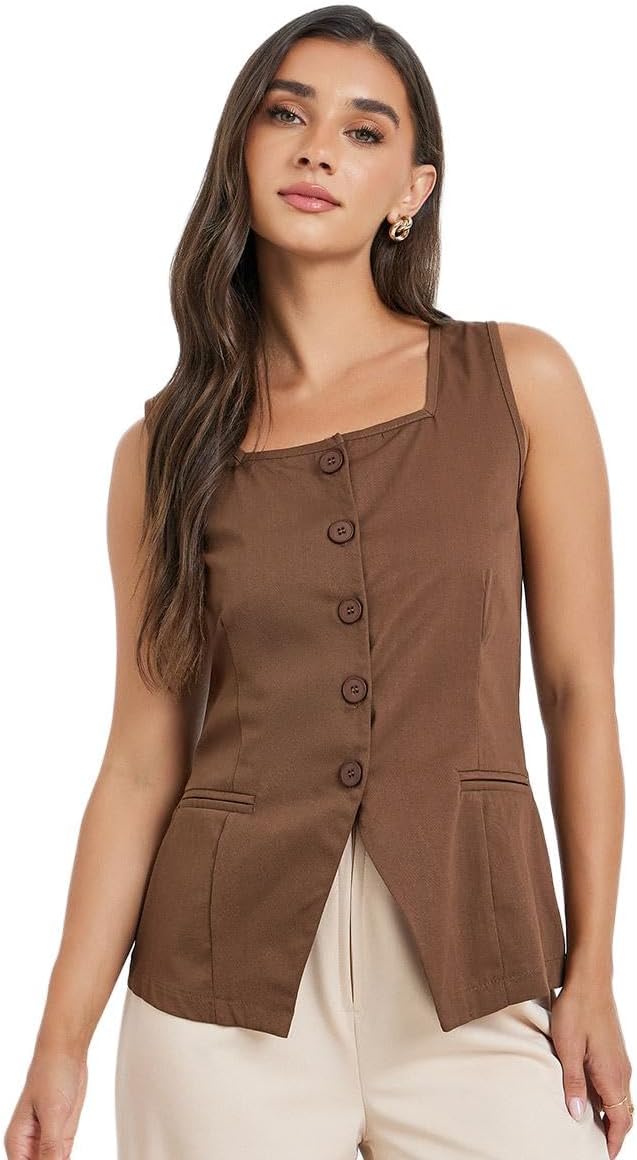Styli Women 7028770105 Solid Square Neck Waistcoat S Brown