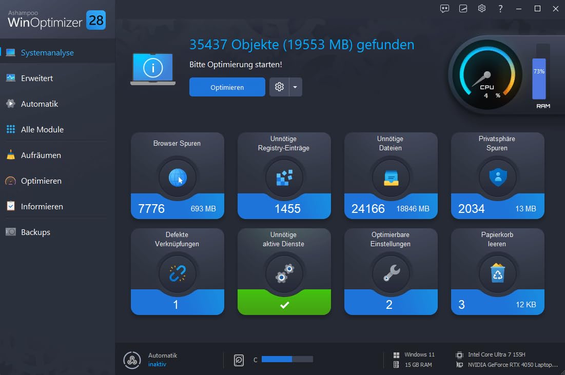 WinOptimizer 28 - 3 USER Lizenz - Tuning für Windows 11 10 - unbegrenzte Laufzeit - Sicher, Sauber, Schnell