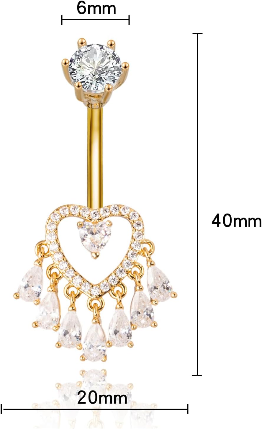 14G CZ Heart Tassel Dangle Belly Button Rings for Women Stainless Steel Cubic Zirconia Dangling Belly Navel Ring Belly Barbell Studs Hypoallergenic Navel Body Piercing Jewelry - Image 5