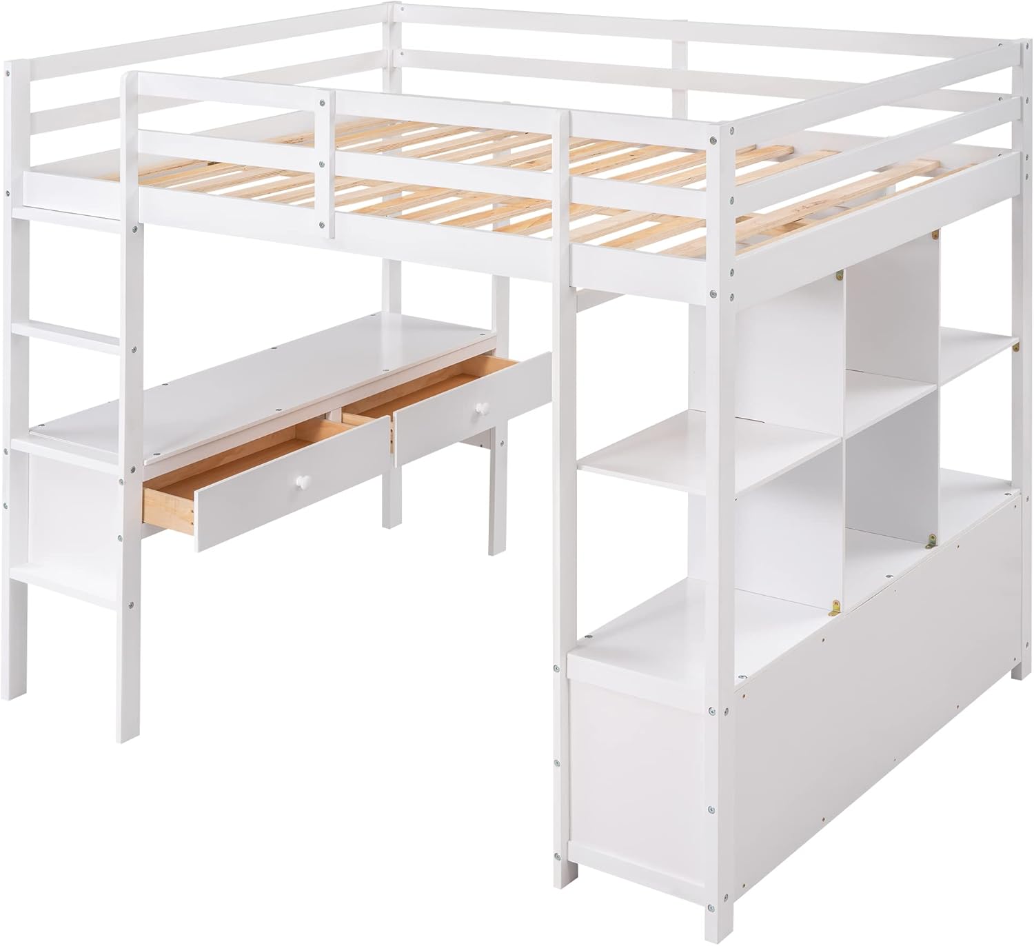 Merax Loft Bed components showing desk and storage units