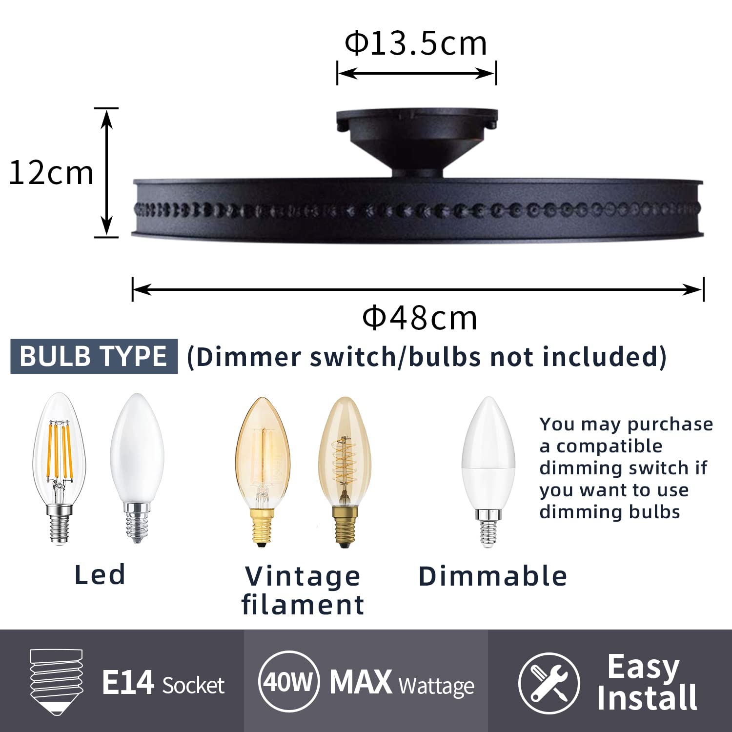 Vintage Deckenlampe Schwarz Metal Deckenleuchte Runde Pendelleuchte | Schlafzimmer Hängelampe Wohnzimmer Küchenlampe Industrie-Design Hängeleuchte Deckenstrahler Eisen Bar Cafe Pendellampe Ø46cm