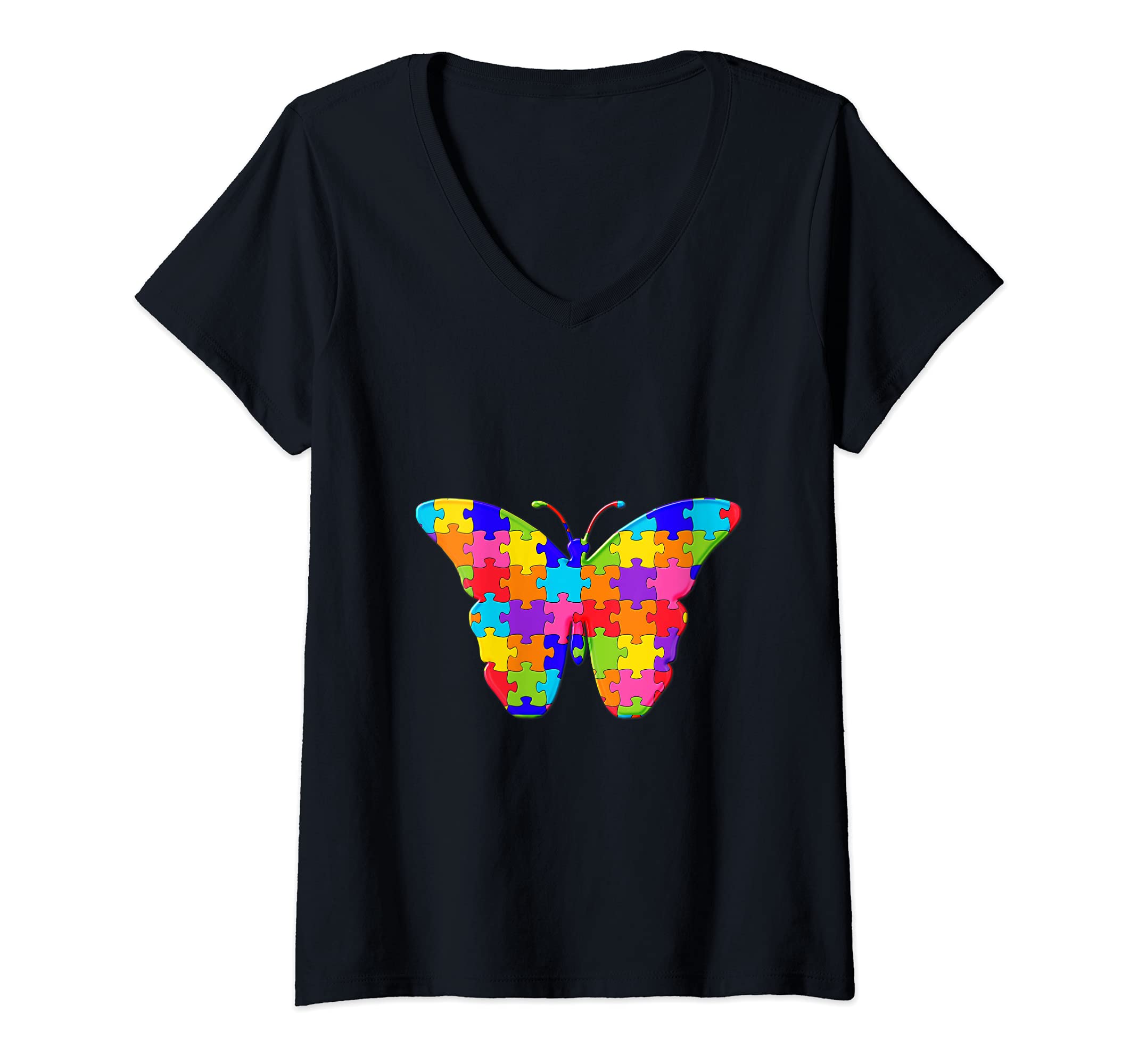 Womens Butterfly Insect Jigsaw Autism Puzzle V-Neck T-Shirt