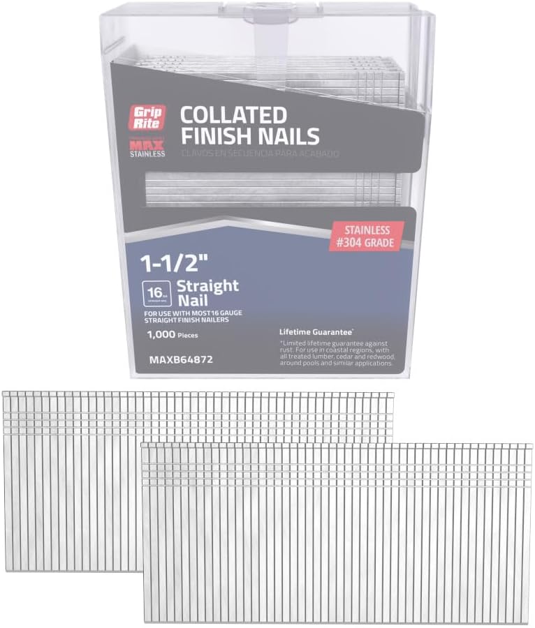 Grip-Rite PrimeGuard Max MAXB64872, Finish Nail 16GA, 1-1/2", 304 Stainless Steel, 1000 Nails, Clamshell Packaged