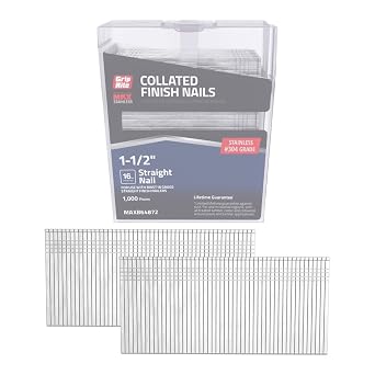 Grip-Rite 16-Gauge Electro - 304 Stainless Steel Straight Finish Nails - Collated Fastener - Steel Nails for Trim Finishing and Fine Carpentry - 1-1/2" - 1000 Count - MAXB64872