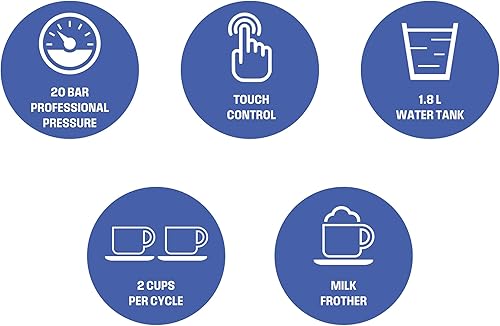 Miniatura 8 de Dynastar Máquina de café expreso de 220 voltios con espumador de leche, 20 barras, 1200 vatios, control táctil, paquete de 220-240 voltios (no para