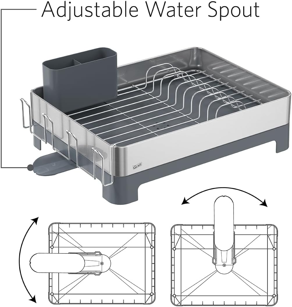 Glad Stainless Steel Dish Drying Rack - Large Space Saving Dish Drainer with Removable Cutlery Holder - Rust-Resistant Metal Rack with Adjustable Drain Spout for Kitchen Countertops, (12.6”W x 17.7”L)