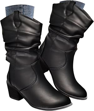 Womens Fashion Mid Calf Round Toe Chunky Heel Cowgirl Ankle Boots Pull On Boots - Black PU Leather - US Womens Size 6-10