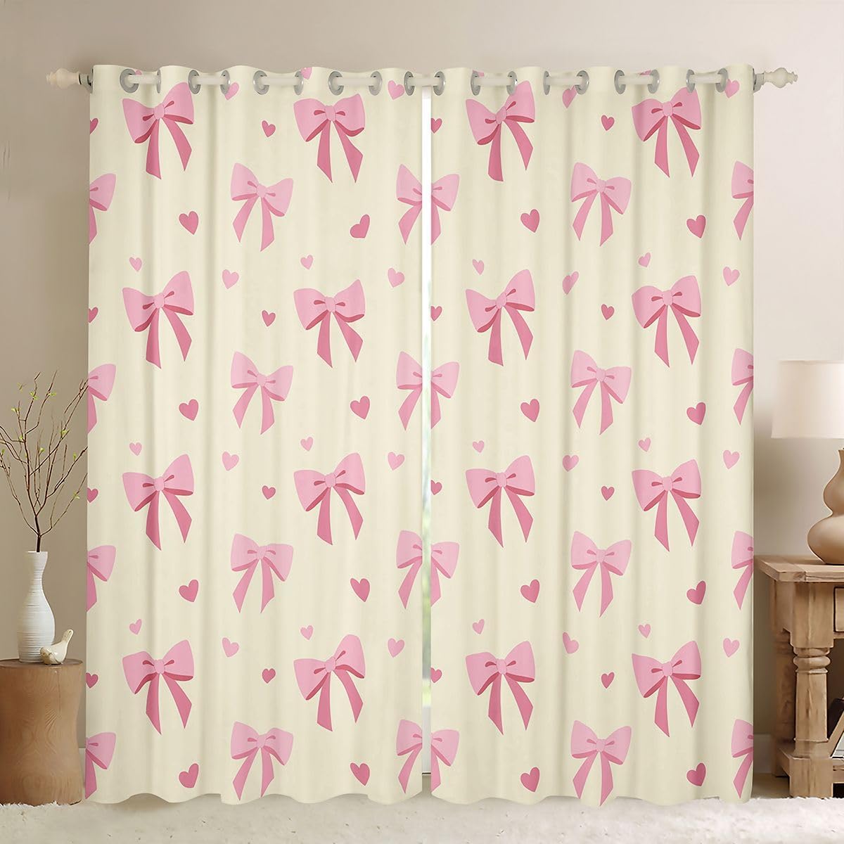 Castle Fairy Yellow Bows Window Curtains Love Heart Bowknot Window Drapes,Princess Window Treatments,Watercolor Kids Boys Girls Room Decor, Grommet Top 2 Panel Set Bedroom Curtains, 42Wx90L inch