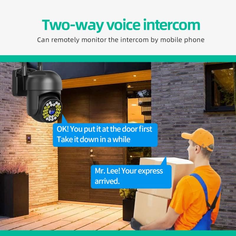 A visual representation of the two-way voice intercom feature, showing a person at a door receiving a message from someone speaking through the camera via a mobile phone.