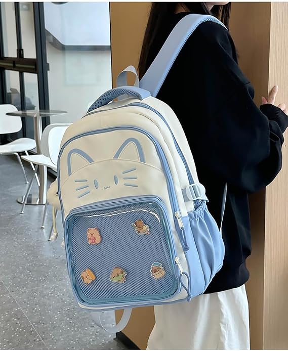 Kawaii Cat Bag Backpack, Women Casual Cat Backpack With Pendants and Badges,Cute Transparent Y2k Style Backpacks with Cat Print for Girls Cute School Bag for Teenage College Primary Secondary (Blue)