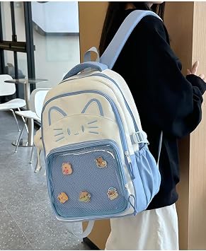 Kawaii Cat Bag Backpack, Women Casual Cat Backpack With Pendants and Badges,Cute Transparent Y2k Style Backpacks with Cat Print for Girls Cute School Bag for Teenage College Primary Secondary (Blue)