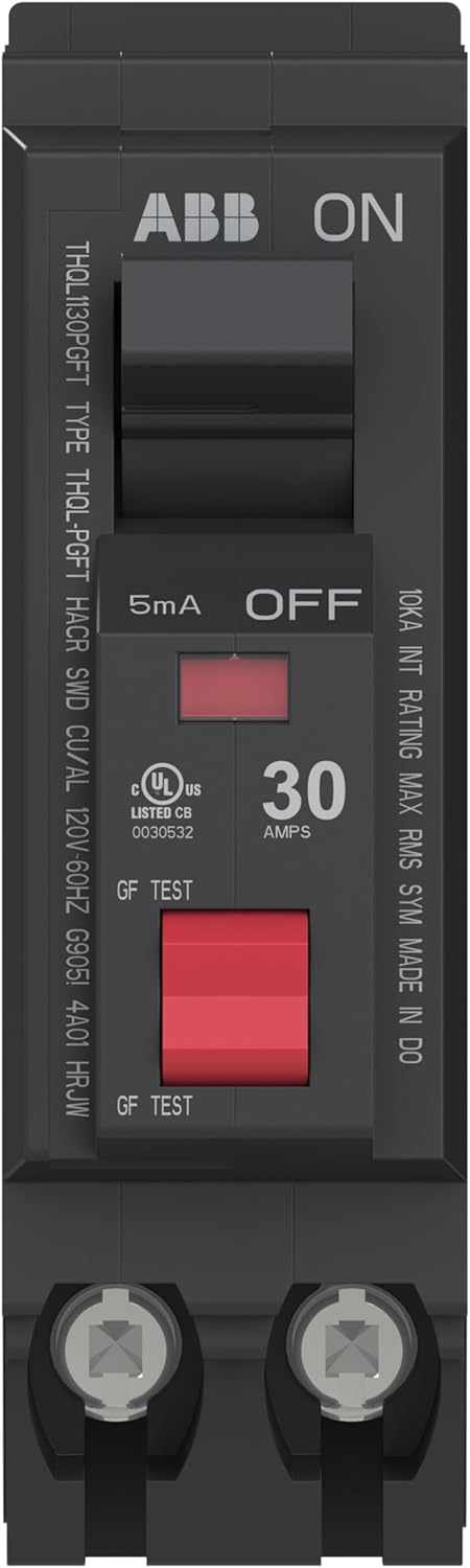 ABB Q-Line® THQL1130PGFT Ground Fault Circuit Breaker • 30 Amp Single-Pole Breaker • GFCI Protection • 120/240 VAC • 10 kAIC Interrupt Rating • Plug-On Neutral Breaker for Load Centers