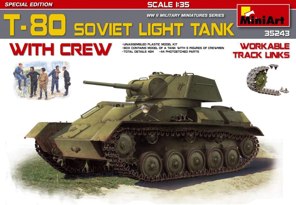 Mini-Art MA35310 1/35 WW.II Soviet Army T-80 Light Tank, Movable Linkage Tracks & 5 Figures Included Plastic Model
