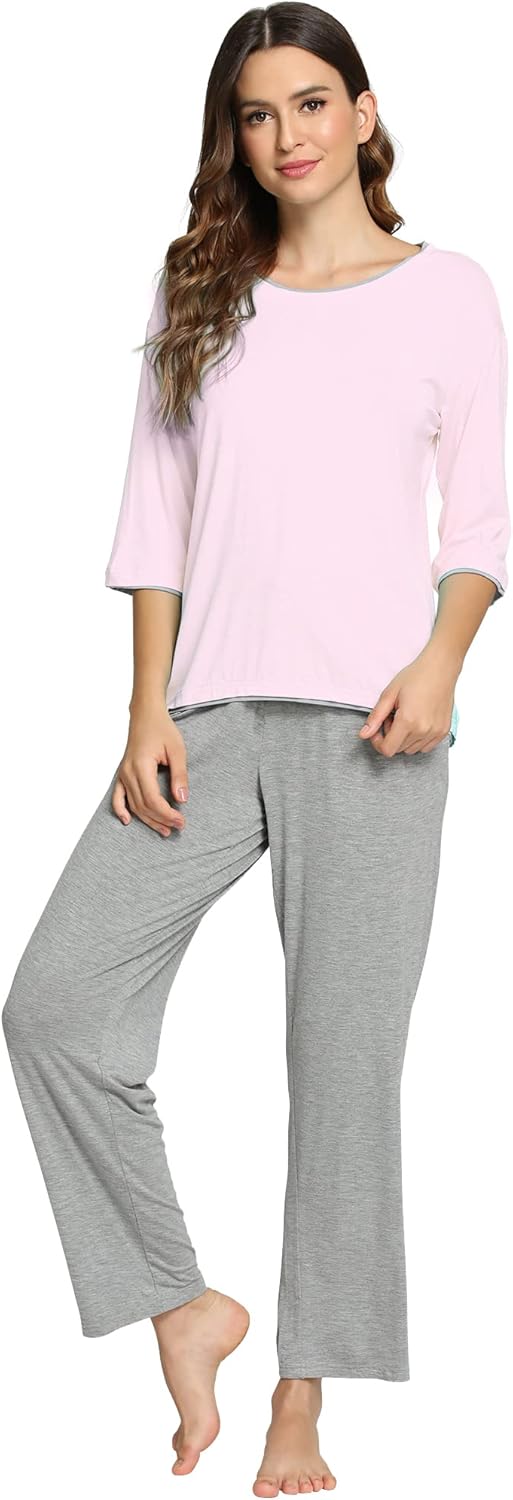WiWi Womens 3/4 Sleeve Pajamas Set Soft Cooling Bamboo Viscose Top with Pants Sleepwear Plus Size Pjs S-4X with Pockets - Image 3