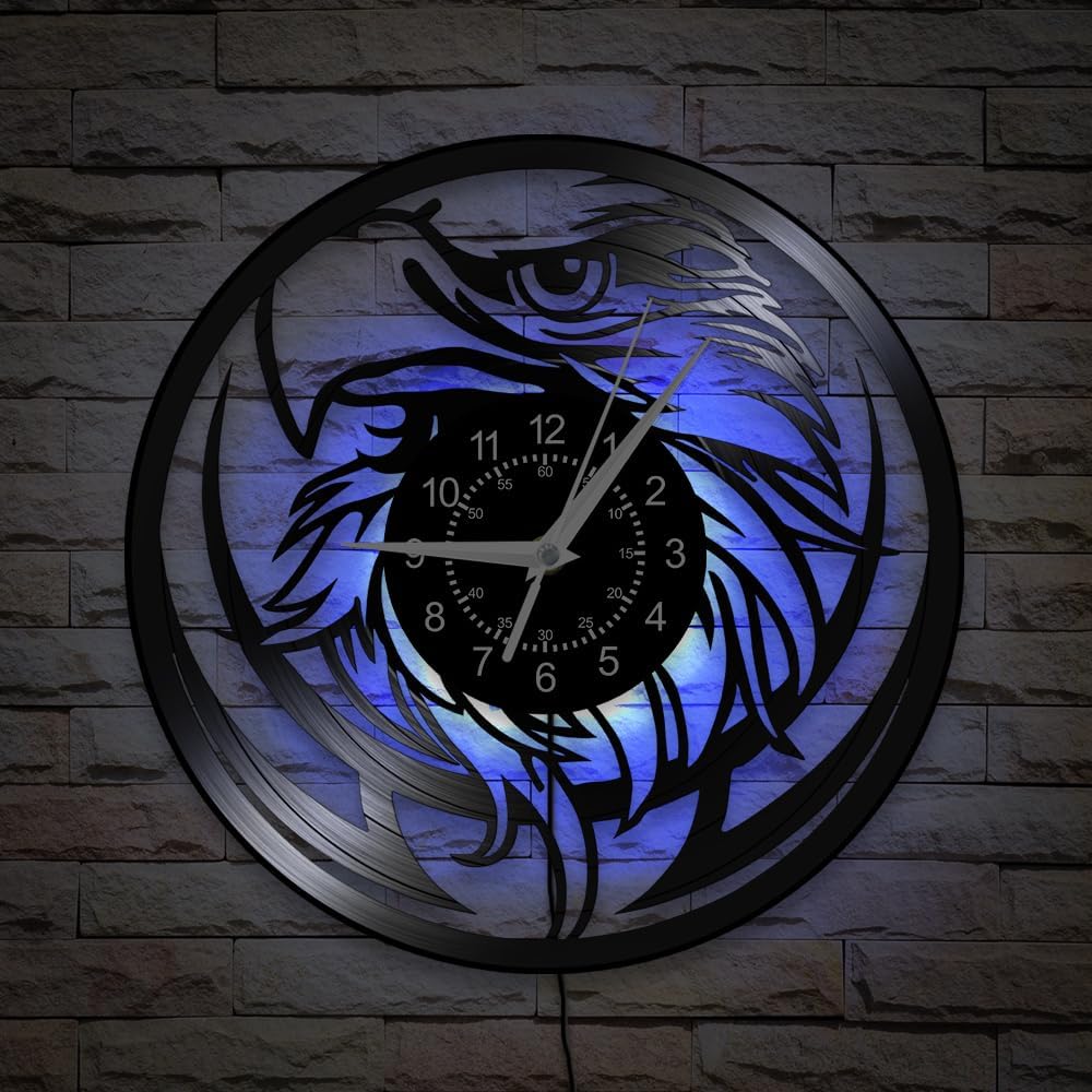 12 Inch Bald Eagle Vinyl Wall Clock 7 Color Changing, National Bird of The US Hawk Animal Wall Clock LED Night Light Honor Patriotic Wall Watch Clock for Soldier Military Retirement Gifts