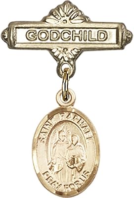 14kt Yellow Gold Baby Badge with St. Raphael the Archangel Charm and Godchild Badge Pin 1 X 5/8 inches
