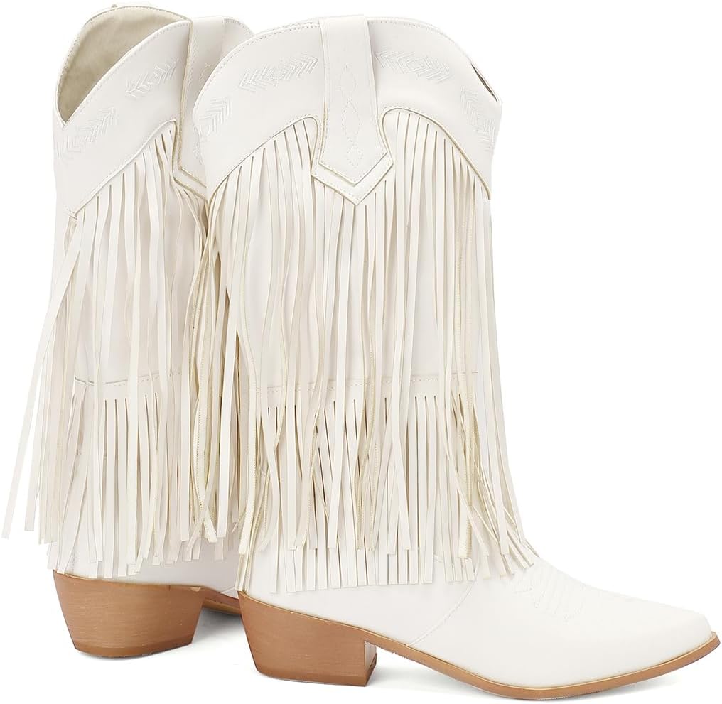 Women's Fringe Cowboy Knee High Boots Cowgirl Boots Pointed Toe Tassel Block Heel Embroidery Stitched Western Boots