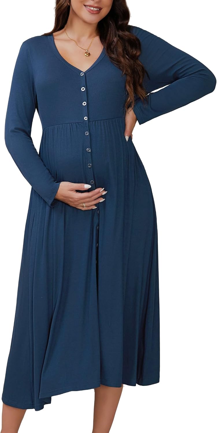 Womens Maternity Dresses Nursing Button Up Pleated Photoshoot Baby Shower Pregnancy Maxi Breastfeeding Dress