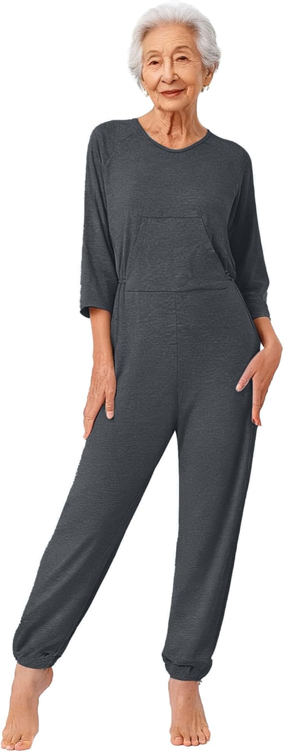 iEFiEL Women's Elderly Anti-Strip Adaptive Jumpsuit Back Zip Nursing Rompers for Special Needs Disabilities Dark Gray XX-Large