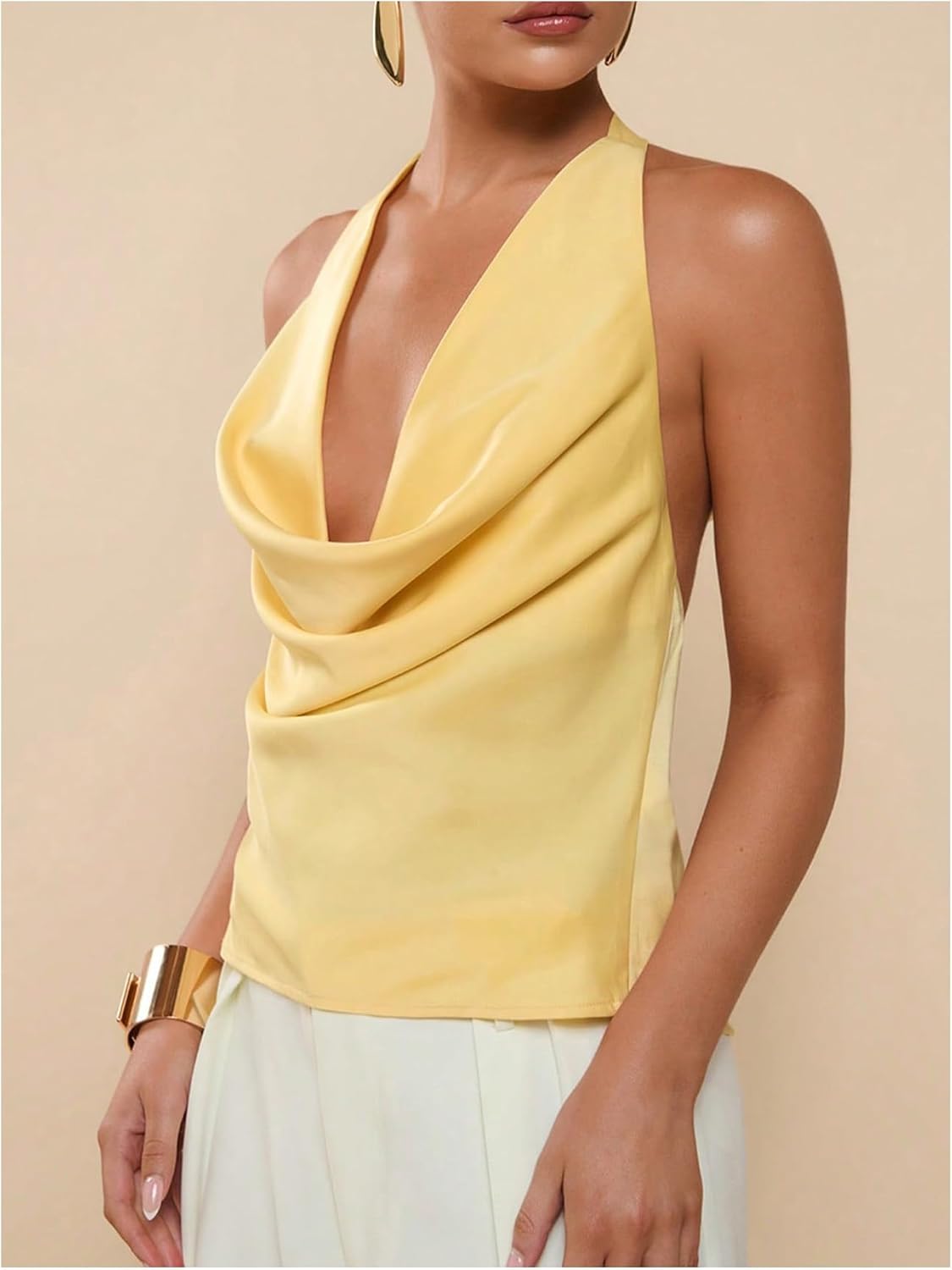 Floerns Women's Elegant Draped Front Halter Tops Tie Open Back Sleeveless Tank Top - Image 2