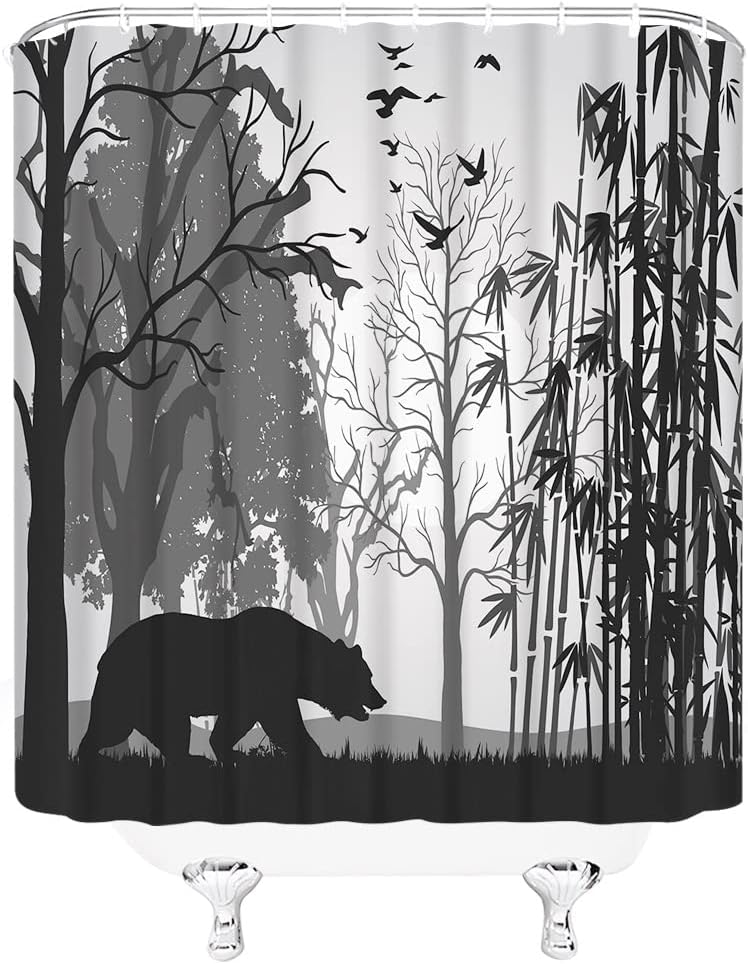 Black Bear Shower Curtain Rustic Cabin Lodge Wild Animal Bear Tree Forest Bird Silhouette Camping Farmhouse Hunting Wildlife Safari Country Style Vintage Bathroom Decor Fabric Curtain with Hooks