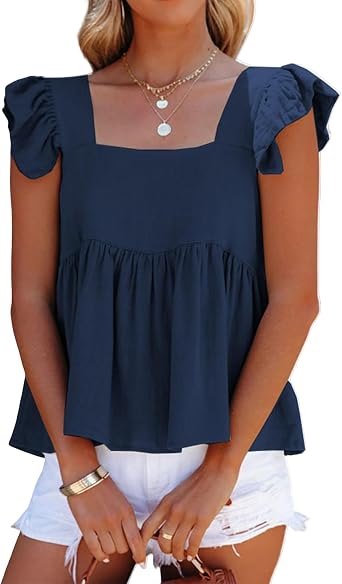 Womens Casual Summer Square Neck Tank Tops Ruffle Strap Sleeveless Peplum Blouse Chiffon Top Shirts