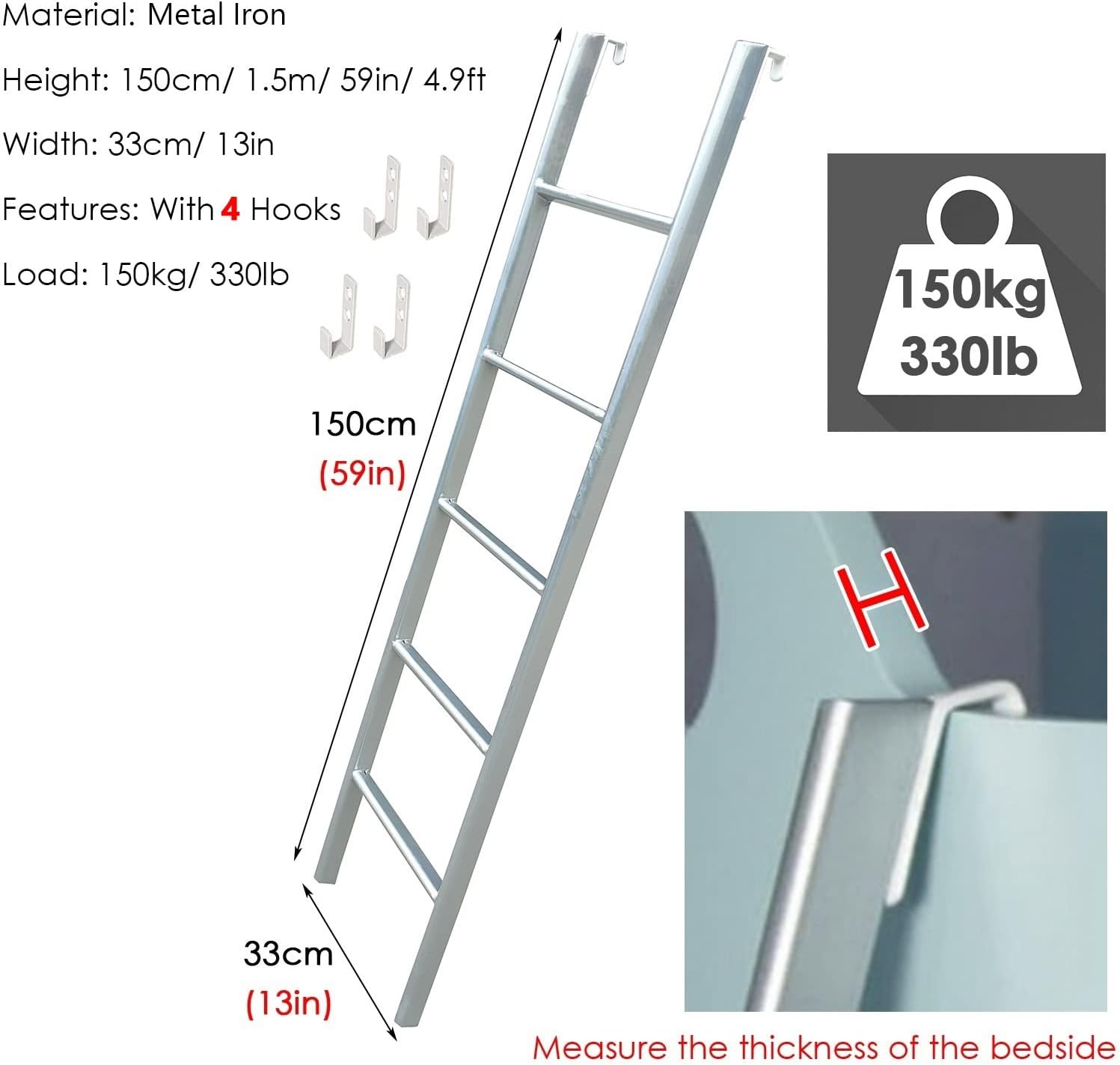Dorm Ladder for Lofted Bed, Metal 3 4 Steps Bunk Ladder Shelf/Rv Twin Bed Ladder with Adjustable Hooks, Motorhome Boat Climbing Ladders Load 150kg (Color : Black, Size : 1.16m (45"")) (Silver